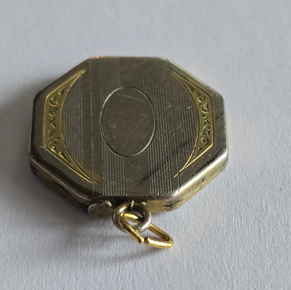 Vintage locket pendant 8 sided art deco silver gold tone photo art deco - Picture 7 of 10